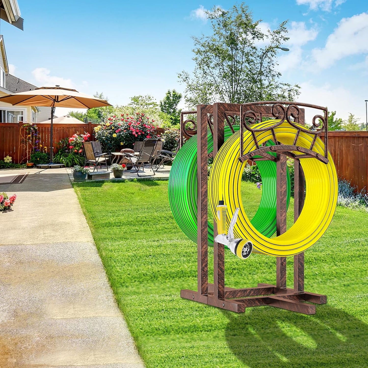 Garden Hose Holder, Heavy Duty Metal Water Hose Holders Hose Stand with 5 Spikes, Freestanding Hose Storage Rack Hose Hanger Holds 150ft Hose for Outside Yard Lawn Garden Decor (Retro Blue)