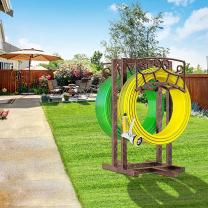 Garden Hose Holder, Heavy Duty Metal Water Hose Holders Hose Stand with 5 Spikes, Freestanding Hose Storage Rack Hose Hanger Holds 150ft Hose for Outside Yard Lawn Garden Decor (Retro Blue)