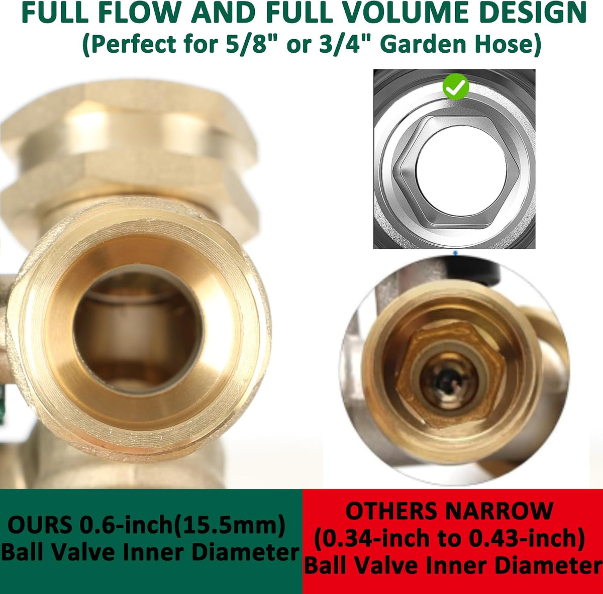Garden Hose Splitter Full Flow, Brass Heavy Duty Hose Splitter 2-Way High Flow, All Metal Hose Y Splitter with Shutoff, Outdoor Faucet Splitter Hose Connector, Water Hose Y Valve Tap Adapter