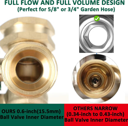 Garden Hose Splitter Full Flow, Brass Heavy Duty Hose Splitter 2-Way High Flow, All Metal Hose Y Splitter with Shutoff, Outdoor Faucet Splitter Hose Connector, Water Hose Y Valve Tap Adapter