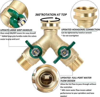 Garden Hose Splitter Full Flow, Brass Heavy Duty Hose Splitter 2-Way High Flow, All Metal Hose Y Splitter with Shutoff, Outdoor Faucet Splitter Hose Connector, Water Hose Y Valve Tap Adapter