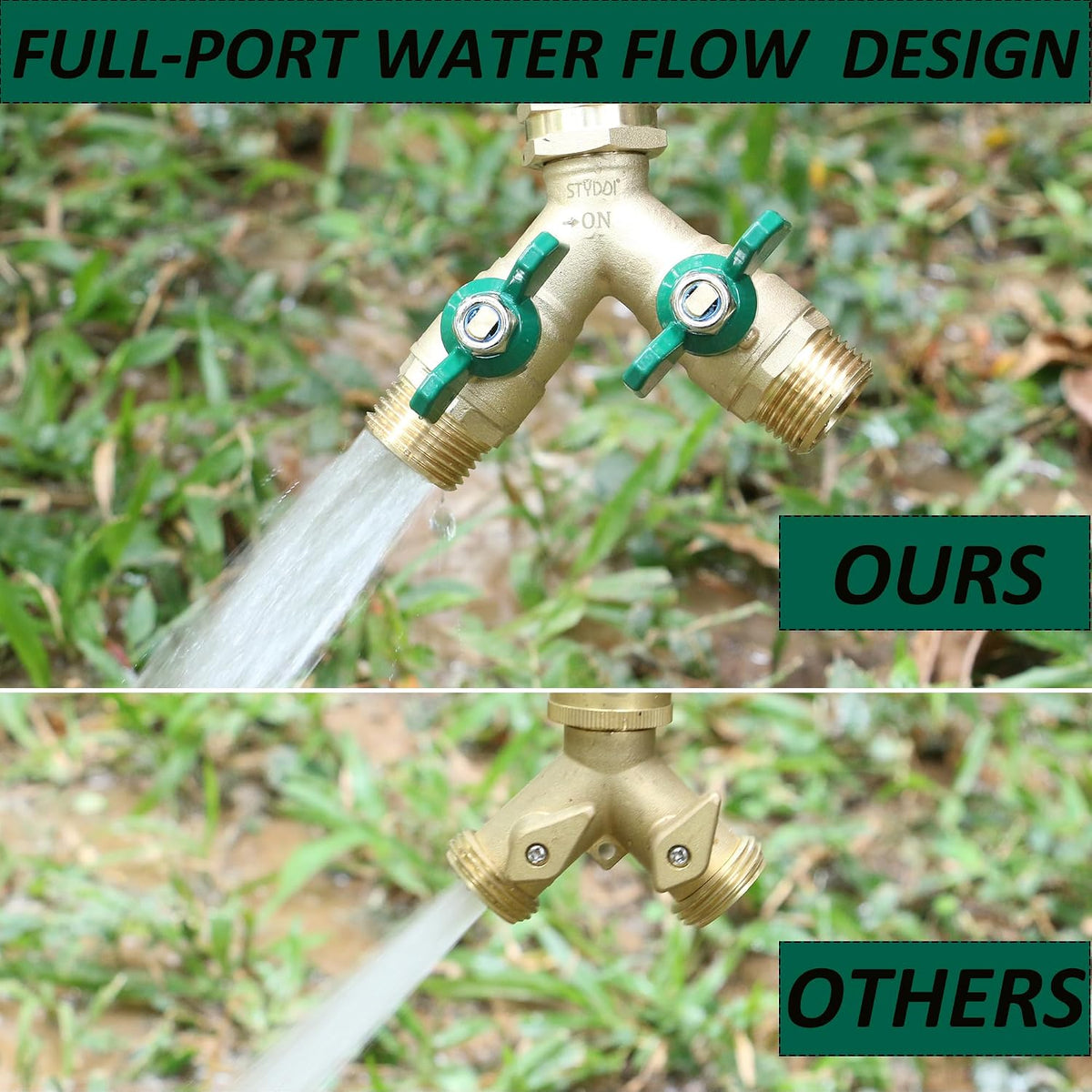 Garden Hose Splitter Full Flow, Brass Heavy Duty Hose Splitter 2-Way High Flow, All Metal Hose Y Splitter with Shutoff, Outdoor Faucet Splitter Hose Connector, Water Hose Y Valve Tap Adapter