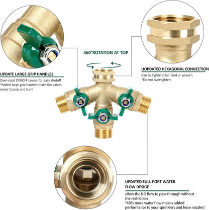 Garden Hose Splitter Full Flow, Brass Heavy Duty Hose Splitter 2-Way High Flow, All Metal Hose Y Splitter with Shutoff, Outdoor Faucet Splitter Hose Connector, Water Hose Y Valve Tap Adapter