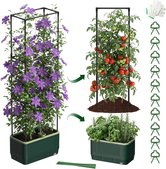 Raised Garden Bed Planter Box with Trellis, Self Watering Tomato Planters for Climbing Plants, Tomato Cage Trellis for Vegetables & Vine Flowers Indoor Outdoor Patio