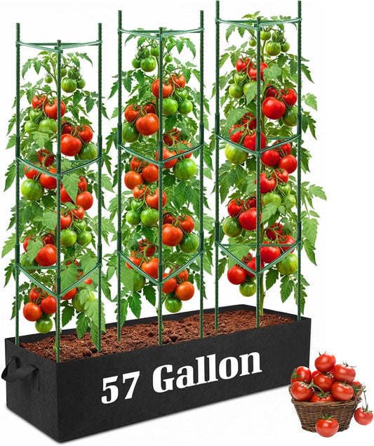 3 Pack Heavy Duty Tomato Cages with 57 Gallon Grow Bag, 48" Adjustable Tomato Trellis for Raised Garden Bed, Sturdy Triangle Plant Support for Climbing Vegetables, Cucumbers & Garden Plants