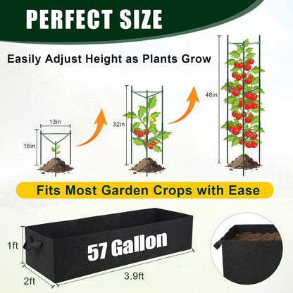 3 Pack Heavy Duty Tomato Cages with 57 Gallon Grow Bag, 48" Adjustable Tomato Trellis for Raised Garden Bed, Sturdy Triangle Plant Support for Climbing Vegetables, Cucumbers & Garden Plants