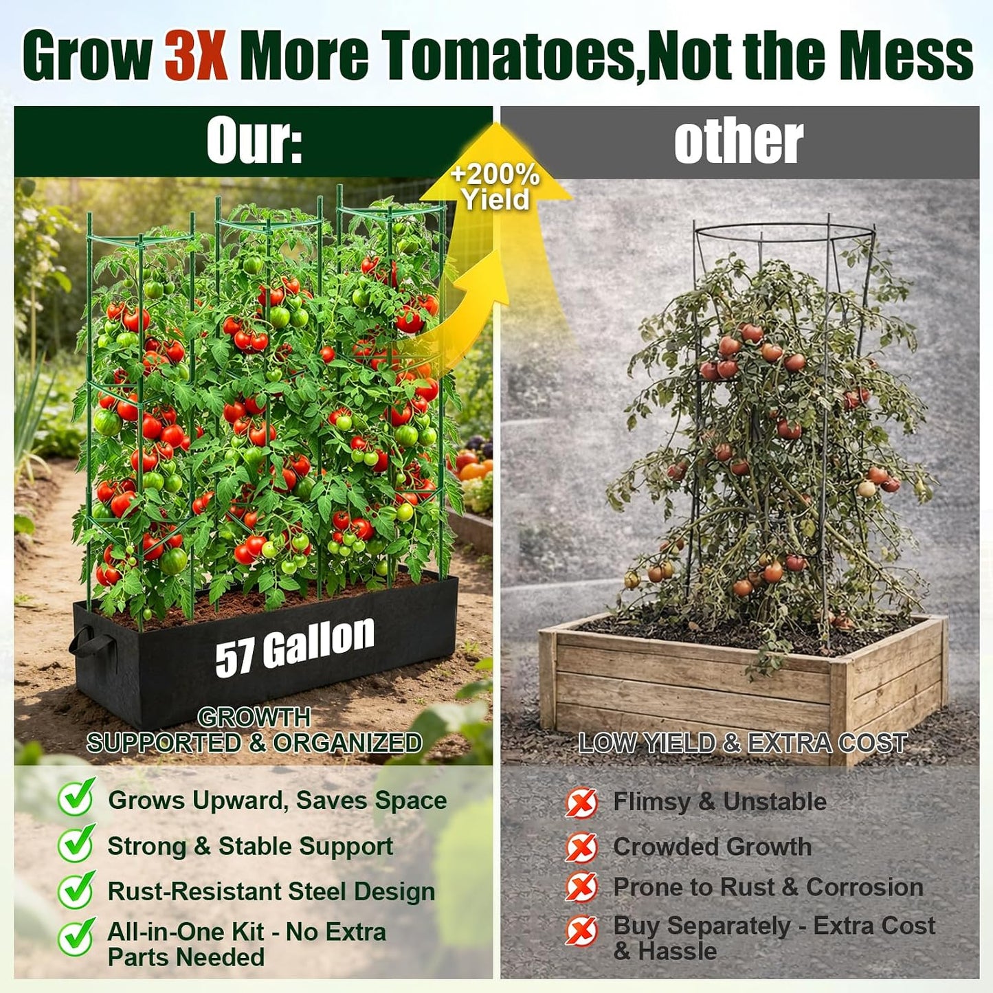 3 Pack Heavy Duty Tomato Cages with 57 Gallon Grow Bag, 48" Adjustable Tomato Trellis for Raised Garden Bed, Sturdy Triangle Plant Support for Climbing Vegetables, Cucumbers & Garden Plants