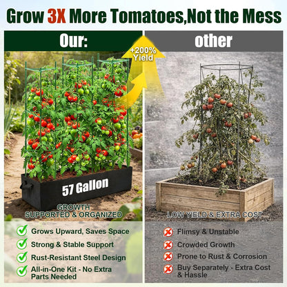 3 Pack Heavy Duty Tomato Cages with 57 Gallon Grow Bag, 48" Adjustable Tomato Trellis for Raised Garden Bed, Sturdy Triangle Plant Support for Climbing Vegetables, Cucumbers & Garden Plants