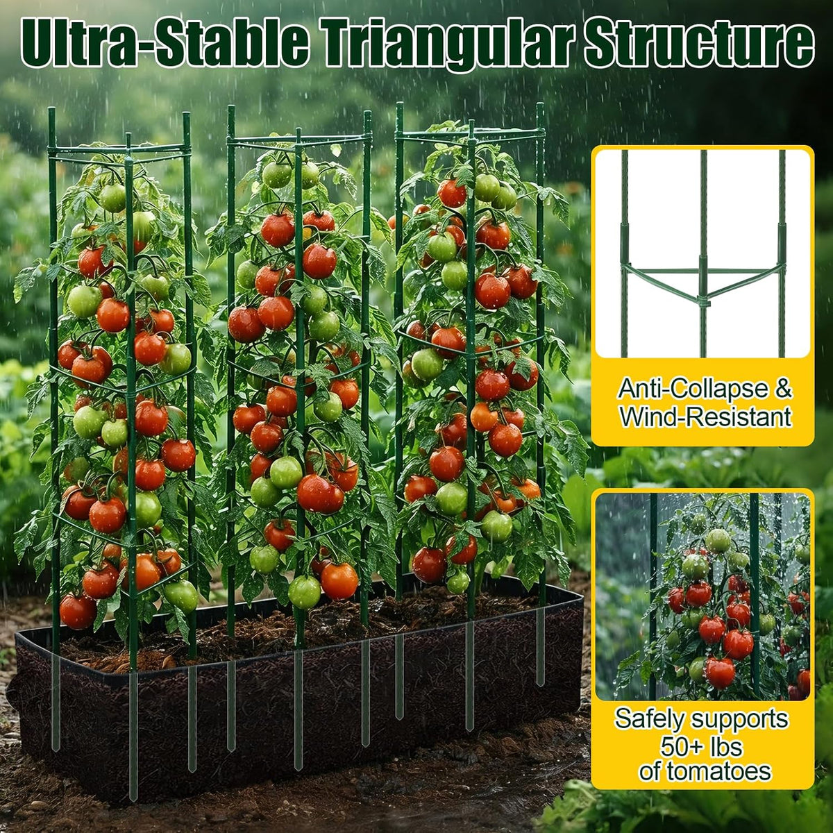 3 Pack Heavy Duty Tomato Cages with 57 Gallon Grow Bag, 48" Adjustable Tomato Trellis for Raised Garden Bed, Sturdy Triangle Plant Support for Climbing Vegetables, Cucumbers & Garden Plants