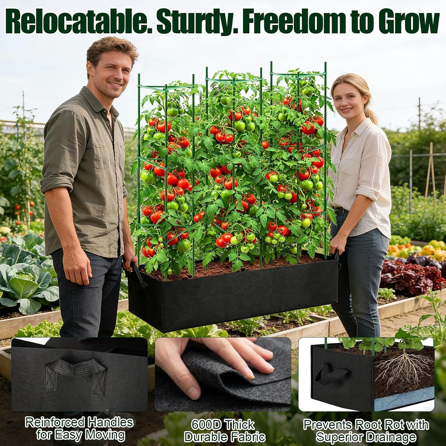 3 Pack Heavy Duty Tomato Cages with 57 Gallon Grow Bag, 48" Adjustable Tomato Trellis for Raised Garden Bed, Sturdy Triangle Plant Support for Climbing Vegetables, Cucumbers & Garden Plants