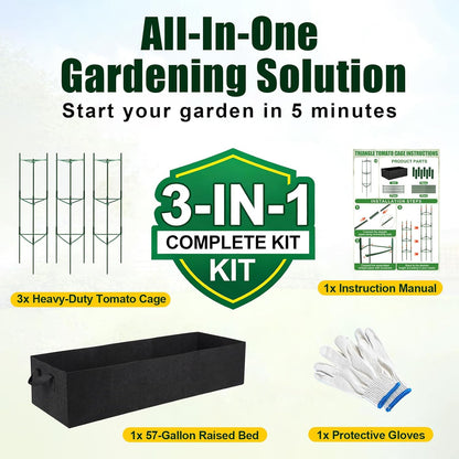 3 Pack Heavy Duty Tomato Cages with 57 Gallon Grow Bag, 48" Adjustable Tomato Trellis for Raised Garden Bed, Sturdy Triangle Plant Support for Climbing Vegetables, Cucumbers & Garden Plants