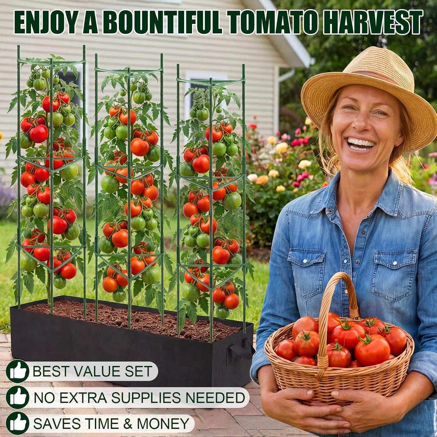 3 Pack Heavy Duty Tomato Cages with 57 Gallon Grow Bag, 48" Adjustable Tomato Trellis for Raised Garden Bed, Sturdy Triangle Plant Support for Climbing Vegetables, Cucumbers & Garden Plants