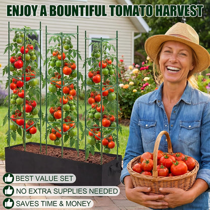 3 Pack Heavy Duty Tomato Cages with 57 Gallon Grow Bag, 48" Adjustable Tomato Trellis for Raised Garden Bed, Sturdy Triangle Plant Support for Climbing Vegetables, Cucumbers & Garden Plants