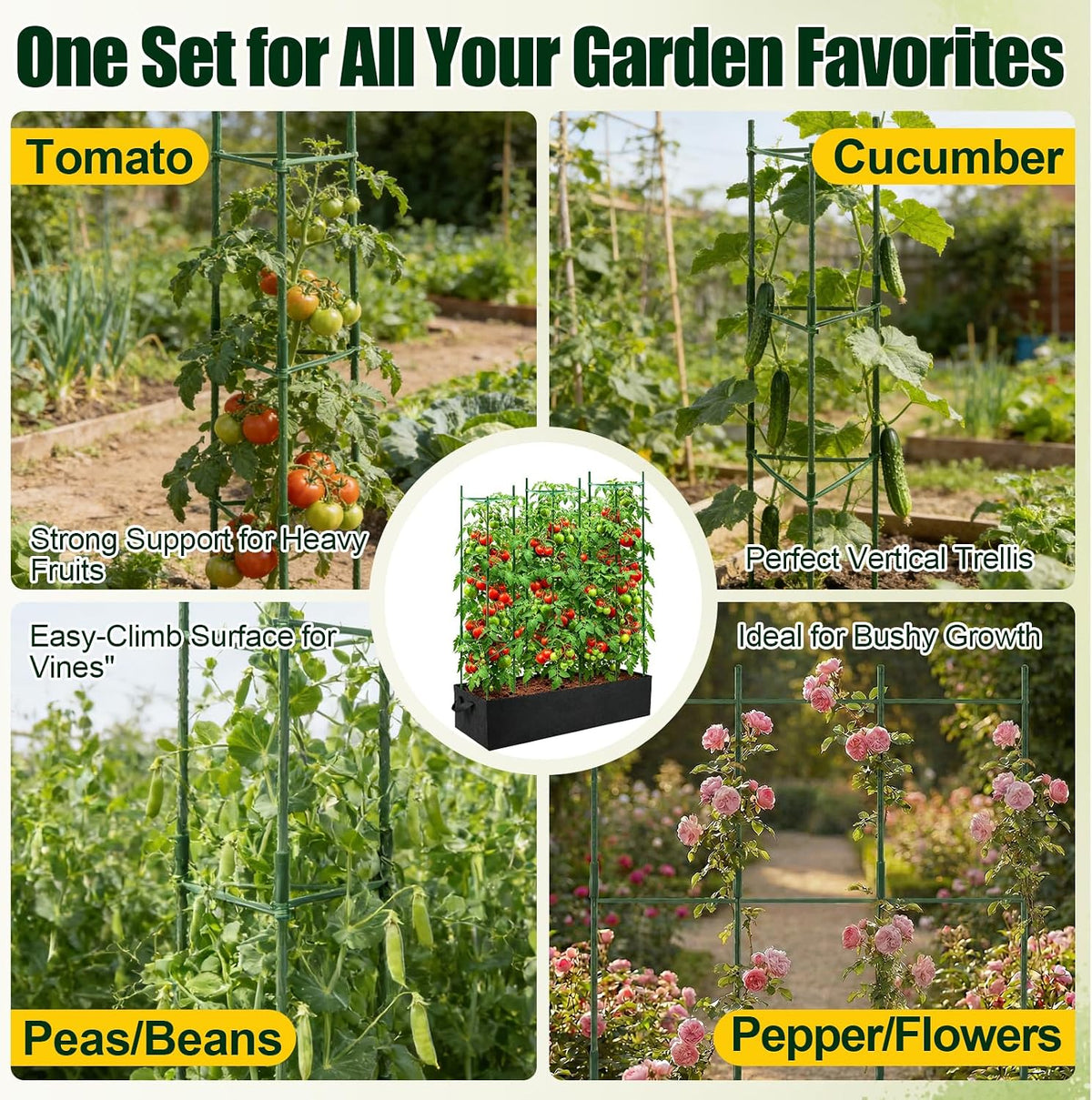 3 Pack Heavy Duty Tomato Cages with 57 Gallon Grow Bag, 48" Adjustable Tomato Trellis for Raised Garden Bed, Sturdy Triangle Plant Support for Climbing Vegetables, Cucumbers & Garden Plants