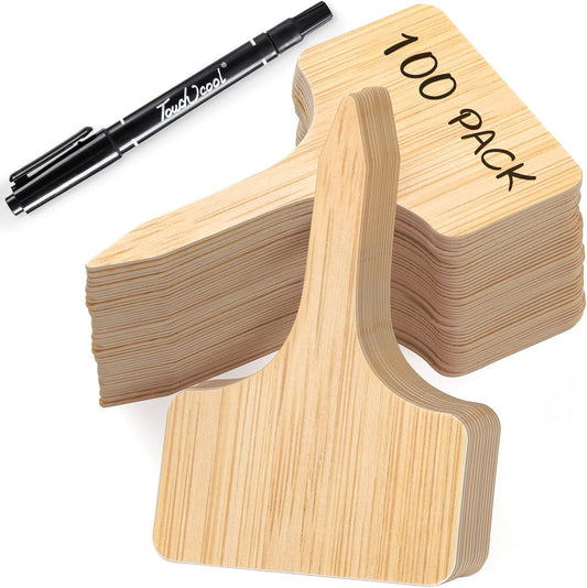 100pcs Plant Labels, T-Type Plastic Tags with Marker Pen, Waterproof Garden Signs for Outdoor Plants (3.9” x 2.4”)