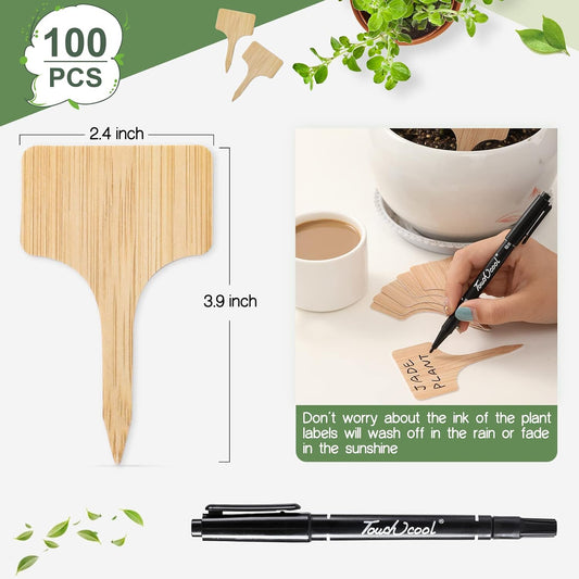 100pcs Plant Labels, T-Type Plastic Tags with Marker Pen, Waterproof Garden Signs for Outdoor Plants (3.9” x 2.4”)