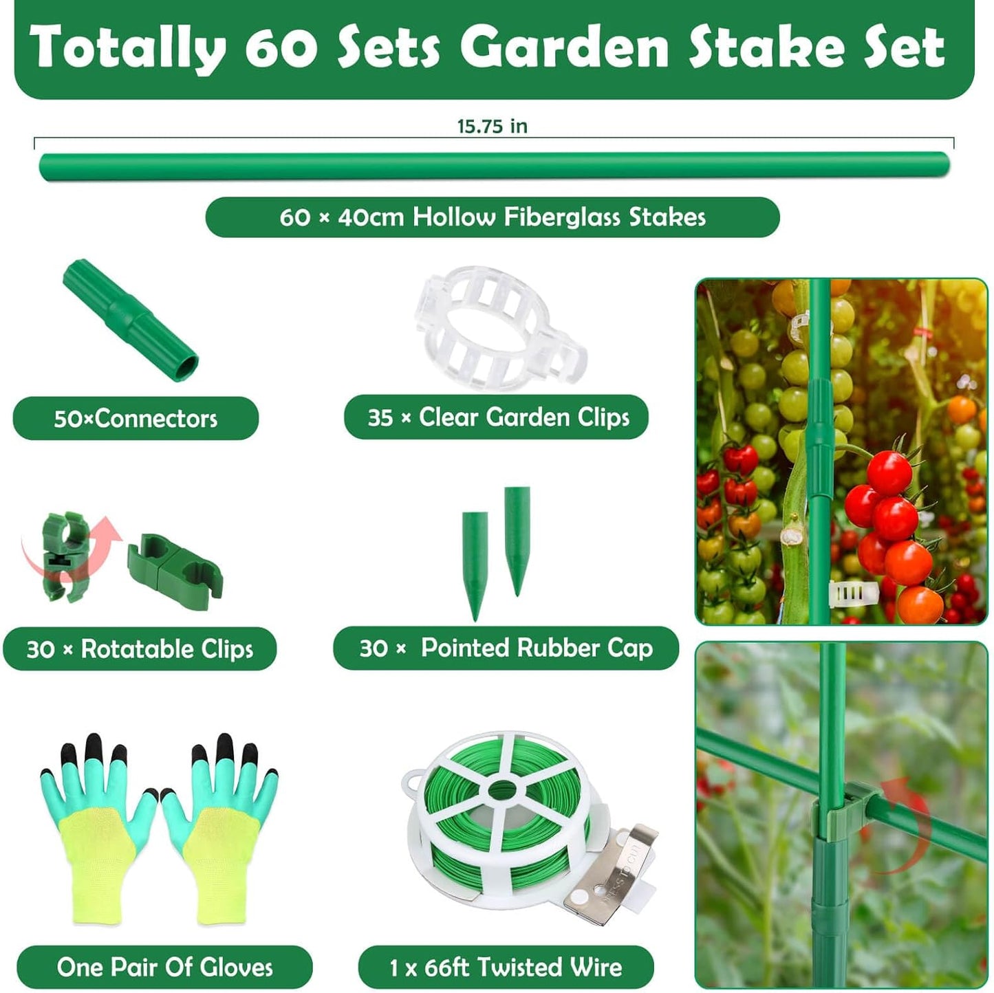 208PCS Garden Stakes Set with 60 Sets Fiberglass Plant Stakes Sticks Supports and Accessories, DIY 4ft 5ft 6ft 7ft Tomato Stakes for Tomato,Vegetables, Pepper, Fences Indoor Outdoor Plants