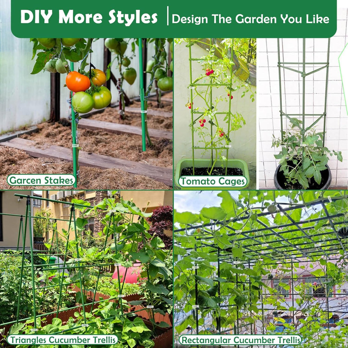 208PCS Garden Stakes Set with 60 Sets Fiberglass Plant Stakes Sticks Supports and Accessories, DIY 4ft 5ft 6ft 7ft Tomato Stakes for Tomato,Vegetables, Pepper, Fences Indoor Outdoor Plants
