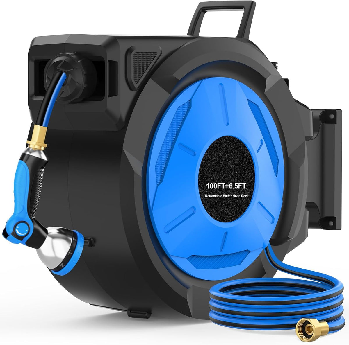 Retractable Garden Hose Reel, 1/2 in x 100 ft Heavy Duty Wall Mounted Hose Reel with Upgraded Automatic Slow Rewind System, Any Length Lock, 180° Swivel Bracket, 10-Pattern Nozzle for Outdoor Watering
