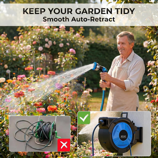 Retractable Garden Hose Reel, 1/2 in x 100 ft Heavy Duty Wall Mounted Hose Reel with Upgraded Automatic Slow Rewind System, Any Length Lock, 180° Swivel Bracket, 10-Pattern Nozzle for Outdoor Watering