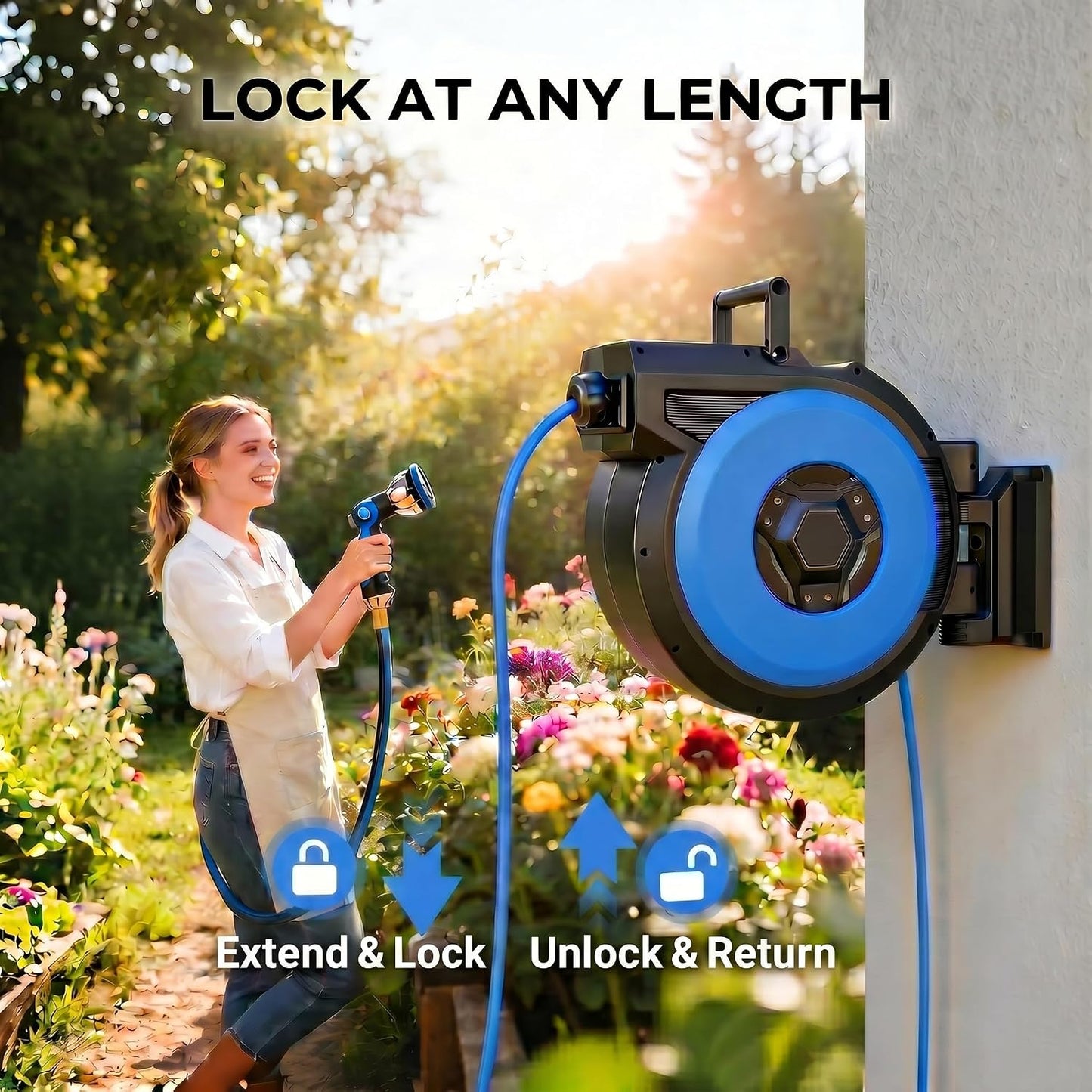 Retractable Garden Hose Reel, 1/2 in x 100 ft Heavy Duty Wall Mounted Hose Reel with Upgraded Automatic Slow Rewind System, Any Length Lock, 180° Swivel Bracket, 10-Pattern Nozzle for Outdoor Watering