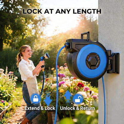 Retractable Garden Hose Reel, 1/2 in x 100 ft Heavy Duty Wall Mounted Hose Reel with Upgraded Automatic Slow Rewind System, Any Length Lock, 180° Swivel Bracket, 10-Pattern Nozzle for Outdoor Watering