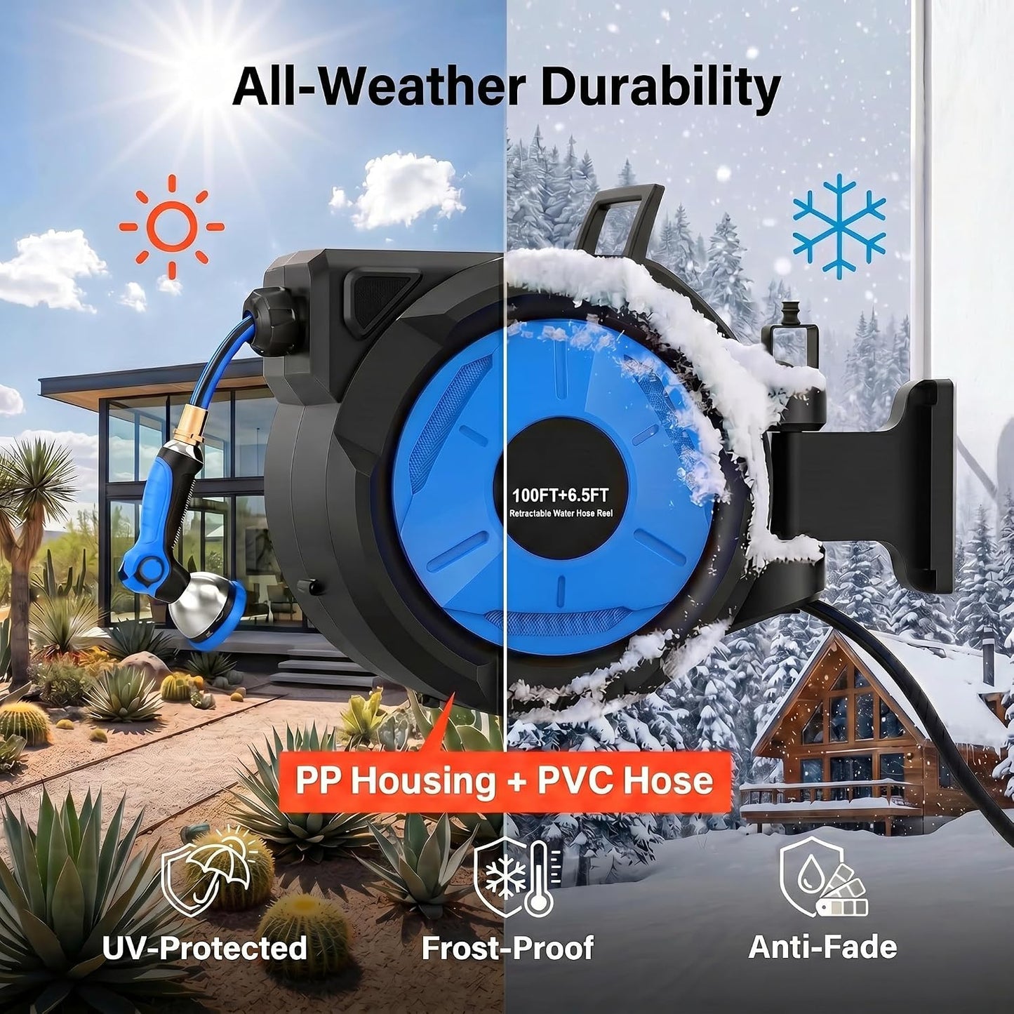 Retractable Garden Hose Reel, 1/2 in x 100 ft Heavy Duty Wall Mounted Hose Reel with Upgraded Automatic Slow Rewind System, Any Length Lock, 180° Swivel Bracket, 10-Pattern Nozzle for Outdoor Watering