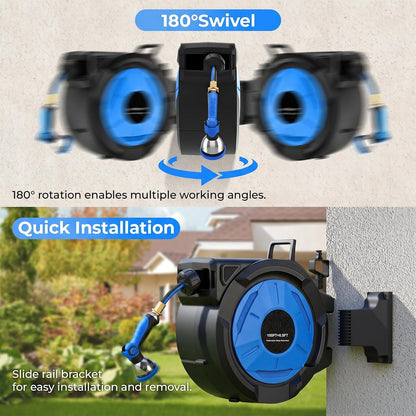 Retractable Garden Hose Reel, 1/2 in x 100 ft Heavy Duty Wall Mounted Hose Reel with Upgraded Automatic Slow Rewind System, Any Length Lock, 180° Swivel Bracket, 10-Pattern Nozzle for Outdoor Watering