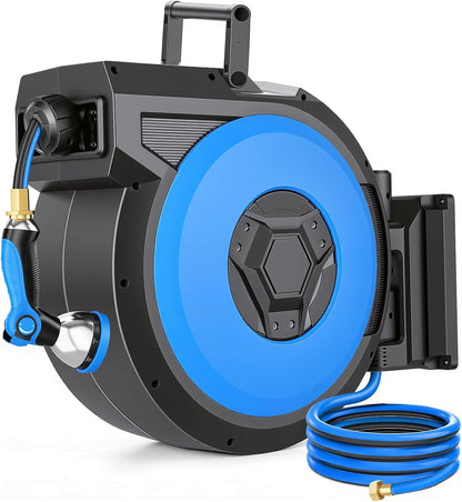Retractable Garden Hose Reel, 1/2 in x 100 ft Heavy Duty Wall Mounted Hose Reel with Upgraded Automatic Slow Rewind System, Any Length Lock, 180° Swivel Bracket, 10-Pattern Nozzle for Outdoor Watering