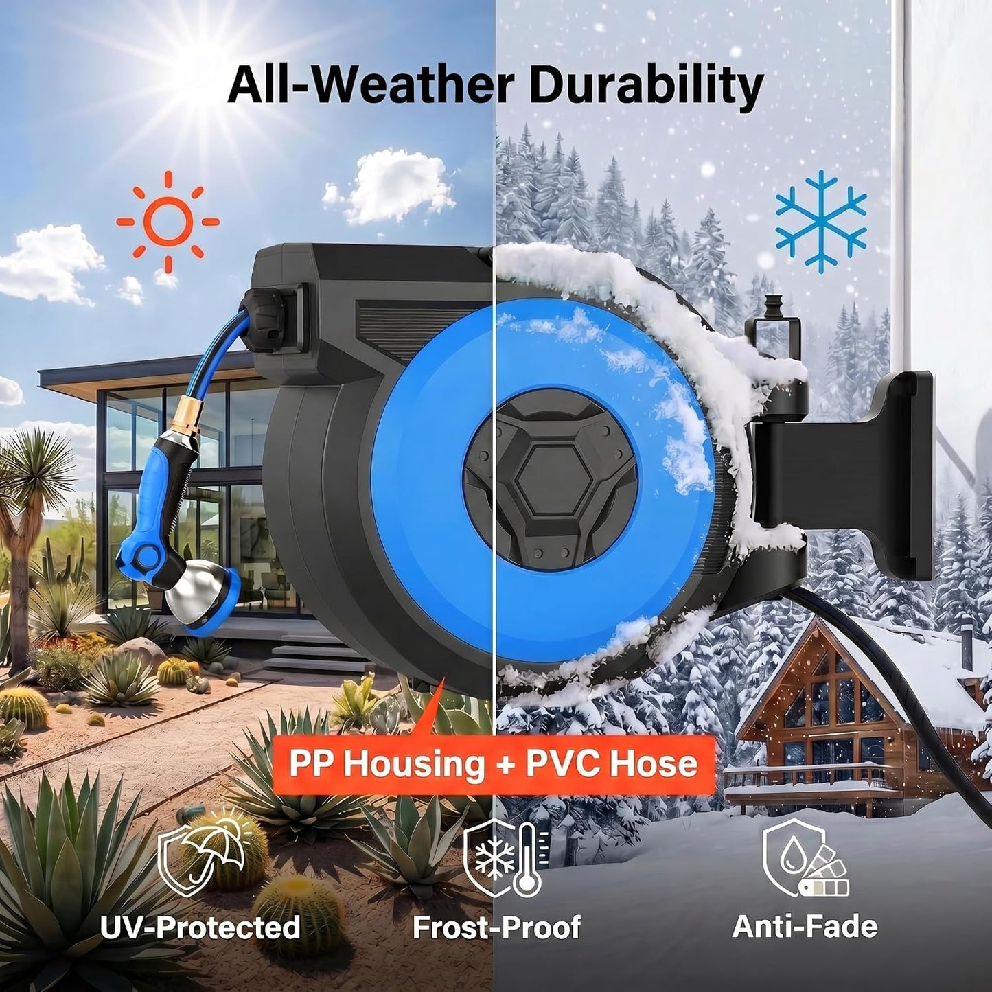 Retractable Garden Hose Reel, 1/2 in x 100 ft Heavy Duty Wall Mounted Hose Reel with Upgraded Automatic Slow Rewind System, Any Length Lock, 180° Swivel Bracket, 10-Pattern Nozzle for Outdoor Watering
