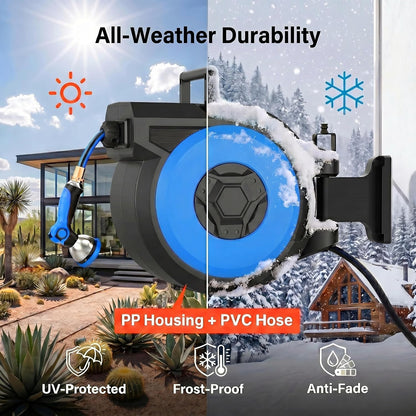 Retractable Garden Hose Reel, 1/2 in x 100 ft Heavy Duty Wall Mounted Hose Reel with Upgraded Automatic Slow Rewind System, Any Length Lock, 180° Swivel Bracket, 10-Pattern Nozzle for Outdoor Watering