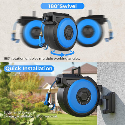 Retractable Garden Hose Reel, 1/2 in x 100 ft Heavy Duty Wall Mounted Hose Reel with Upgraded Automatic Slow Rewind System, Any Length Lock, 180° Swivel Bracket, 10-Pattern Nozzle for Outdoor Watering