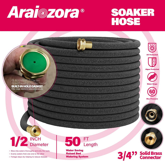 Soaker Hose 50FT 5/8 Inch, Heavy Duty Leakproof Drip Irrigation Hose for Deep Watering Garden, Flower Beds & Landscaping