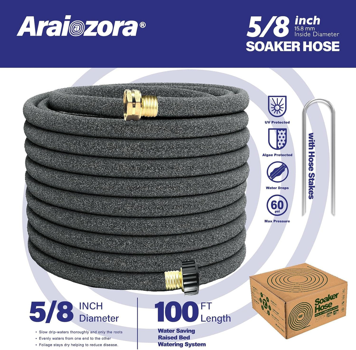 Soaker Hose 50FT 5/8 Inch, Heavy Duty Leakproof Drip Irrigation Hose for Deep Watering Garden, Flower Beds & Landscaping