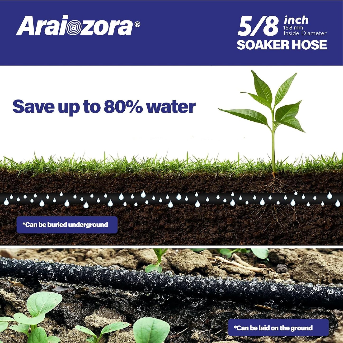 Soaker Hose 50FT 5/8 Inch, Heavy Duty Leakproof Drip Irrigation Hose for Deep Watering Garden, Flower Beds & Landscaping