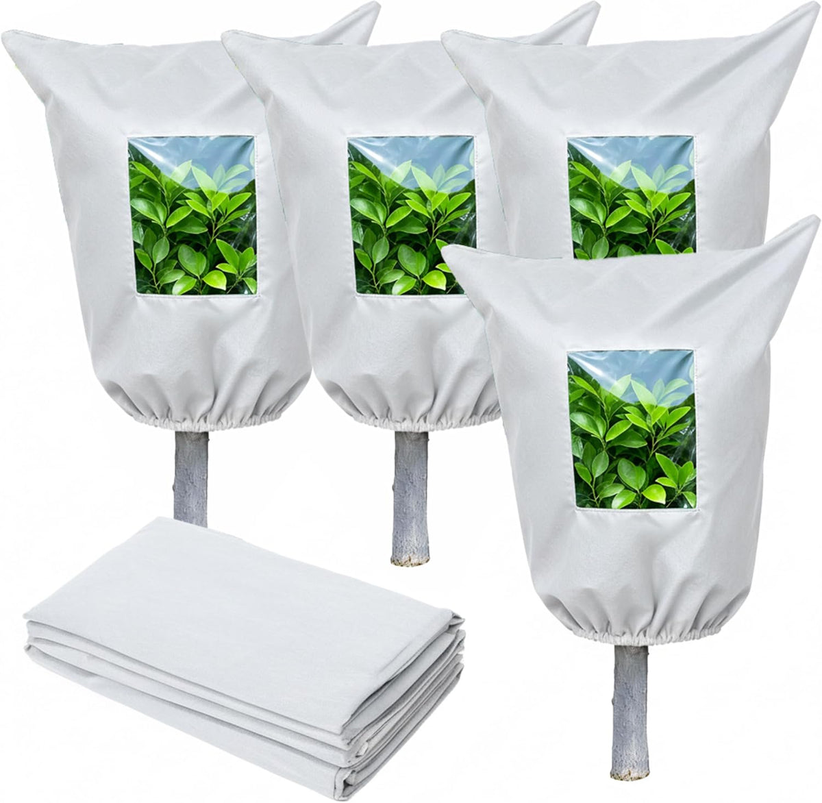 Plant Covers Freeze Protection - 4 Pack Winter Frost Tree Plant Shrub Cloth with Zipper Drawstring Transparent Pane, Frosts Blanket Wrap Bags for Outdoor Cold Weather (White, 47''×31'')
