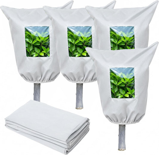 Plant Covers Freeze Protection - 4 Pack Winter Frost Tree Plant Shrub Cloth with Zipper Drawstring Transparent Pane, Frosts Blanket Wrap Bags for Outdoor Cold Weather (White, 47''×31'')