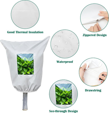 Plant Covers Freeze Protection - 4 Pack Winter Frost Tree Plant Shrub Cloth with Zipper Drawstring Transparent Pane, Frosts Blanket Wrap Bags for Outdoor Cold Weather (White, 47''×31'')