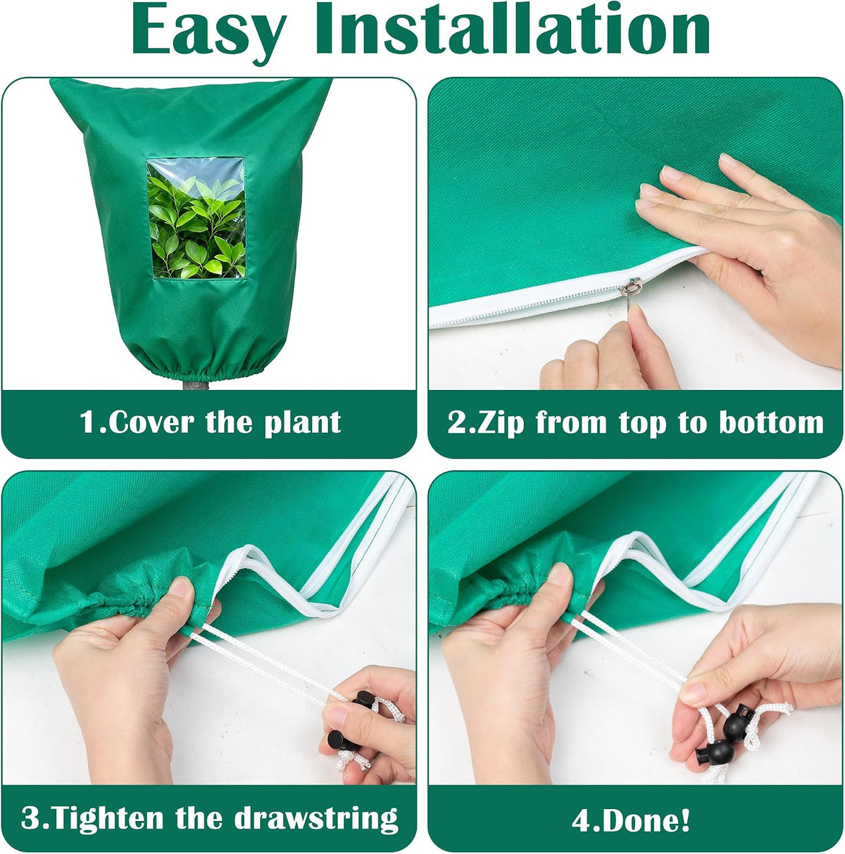 Plant Covers Freeze Protection - 4 Pack Winter Frost Tree Plant Shrub Cloth with Zipper Drawstring Transparent Pane, Frosts Blanket Wrap Bags for Outdoor Cold Weather (White, 47''×31'')