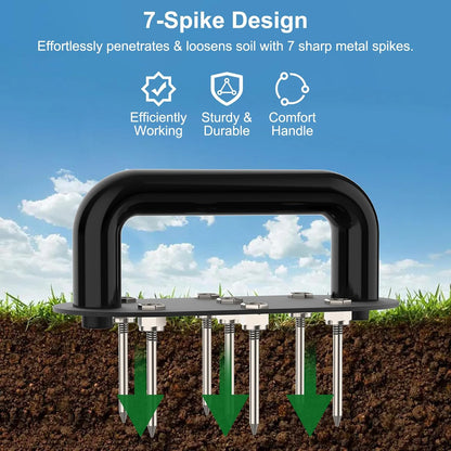 Hand Tiller Garden Tool Lawn Aerator Spike Manual Tool Portable Handheld Aerator Lawn Tool with 7-Iron Spikes, Pre-Aessmbled Small Grass Aerator Tool, Cultivator Tiller Soil Lossener