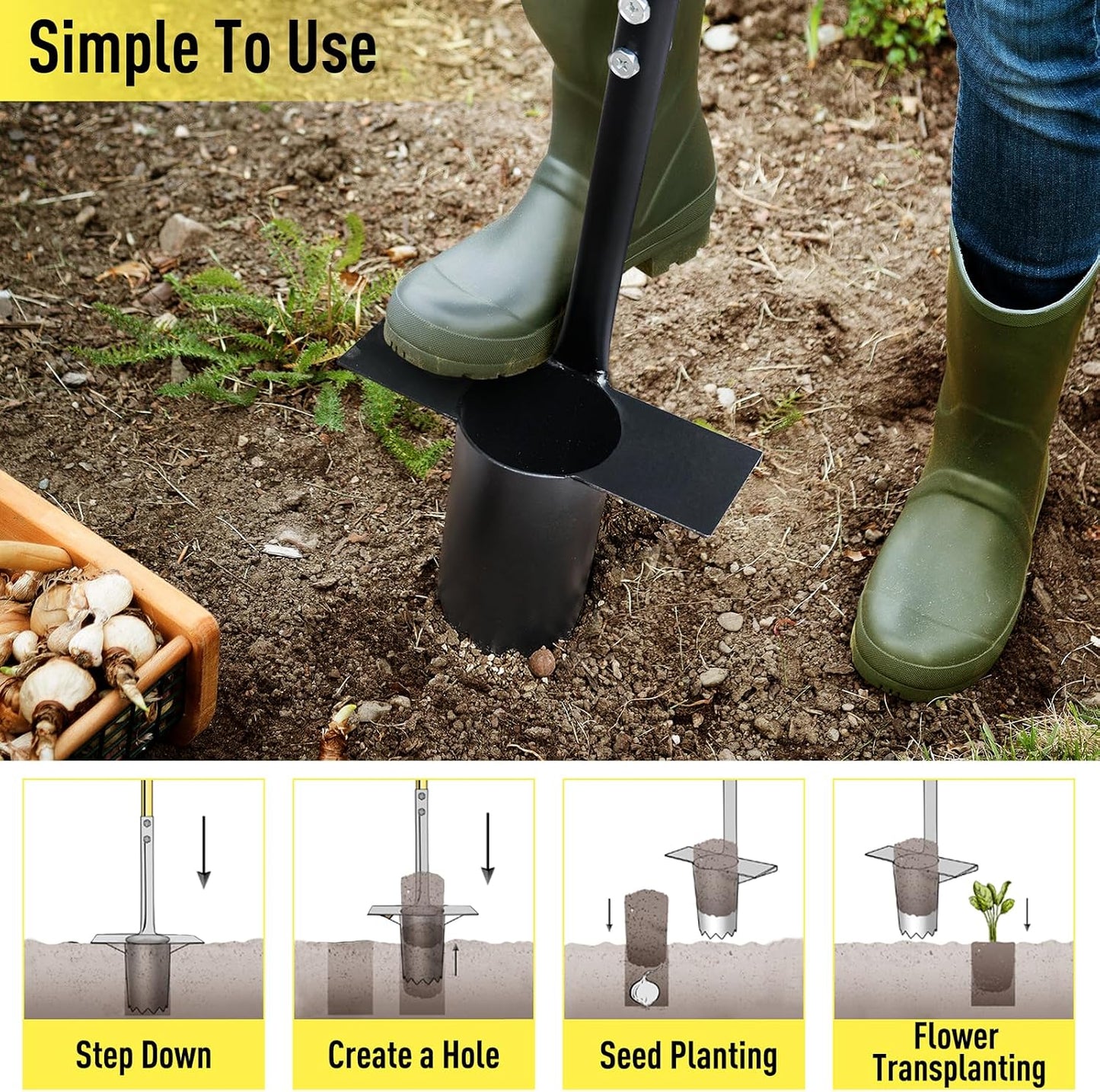 2PCS Bulb Planter Tools Set, Long Handle Garden Transplanter and Small Bulb Planting Tool with Deep Marker, Ideal for Planting Bulbs, Seedlings, Flowers & Vegetables