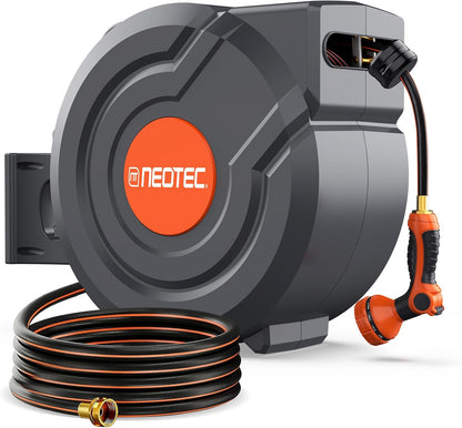 5/8 Inch 90FT Retractable Garden Hose Reel, Automatic Slow Return & Any Length Lock, Wall Mounted Heavy Duty Hose Reels for Outside with 9 Spray Nozzle, 180° Swivel UV Resistant