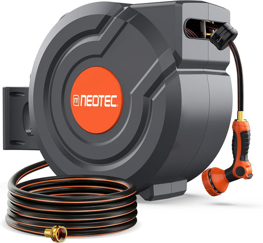 5/8 Inch 90FT Retractable Garden Hose Reel, Automatic Slow Return & Any Length Lock, Wall Mounted Heavy Duty Hose Reels for Outside with 9 Spray Nozzle, 180° Swivel UV Resistant