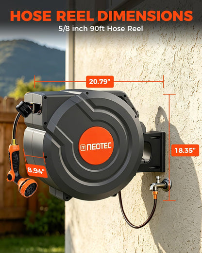 5/8 Inch 90FT Retractable Garden Hose Reel, Automatic Slow Return & Any Length Lock, Wall Mounted Heavy Duty Hose Reels for Outside with 9 Spray Nozzle, 180° Swivel UV Resistant
