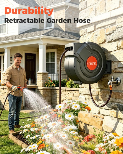 5/8 Inch 90FT Retractable Garden Hose Reel, Automatic Slow Return & Any Length Lock, Wall Mounted Heavy Duty Hose Reels for Outside with 9 Spray Nozzle, 180° Swivel UV Resistant
