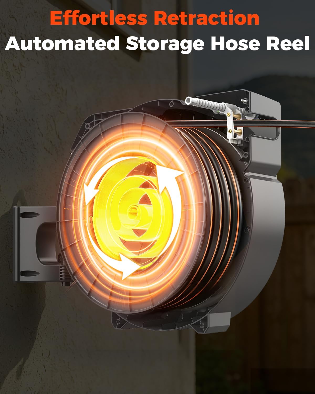 5/8 Inch 90FT Retractable Garden Hose Reel, Automatic Slow Return & Any Length Lock, Wall Mounted Heavy Duty Hose Reels for Outside with 9 Spray Nozzle, 180° Swivel UV Resistant