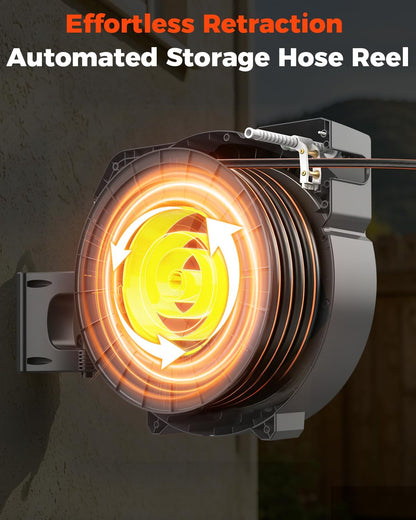 5/8 Inch 90FT Retractable Garden Hose Reel, Automatic Slow Return & Any Length Lock, Wall Mounted Heavy Duty Hose Reels for Outside with 9 Spray Nozzle, 180° Swivel UV Resistant