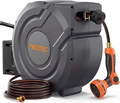 5/8 Inch 90FT Retractable Garden Hose Reel, Automatic Slow Return & Any Length Lock, Wall Mounted Heavy Duty Hose Reels for Outside with 9 Spray Nozzle, 180° Swivel UV Resistant