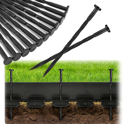 100PCS 8-Inch Plastic Landscape Edging Stakes, Spiral Nylon Landscape Spikes, Anchoring Nails for Weed Barrier, Paver Edging, Landscape Edging, Artificial Turf, Grass Pathways, Black
