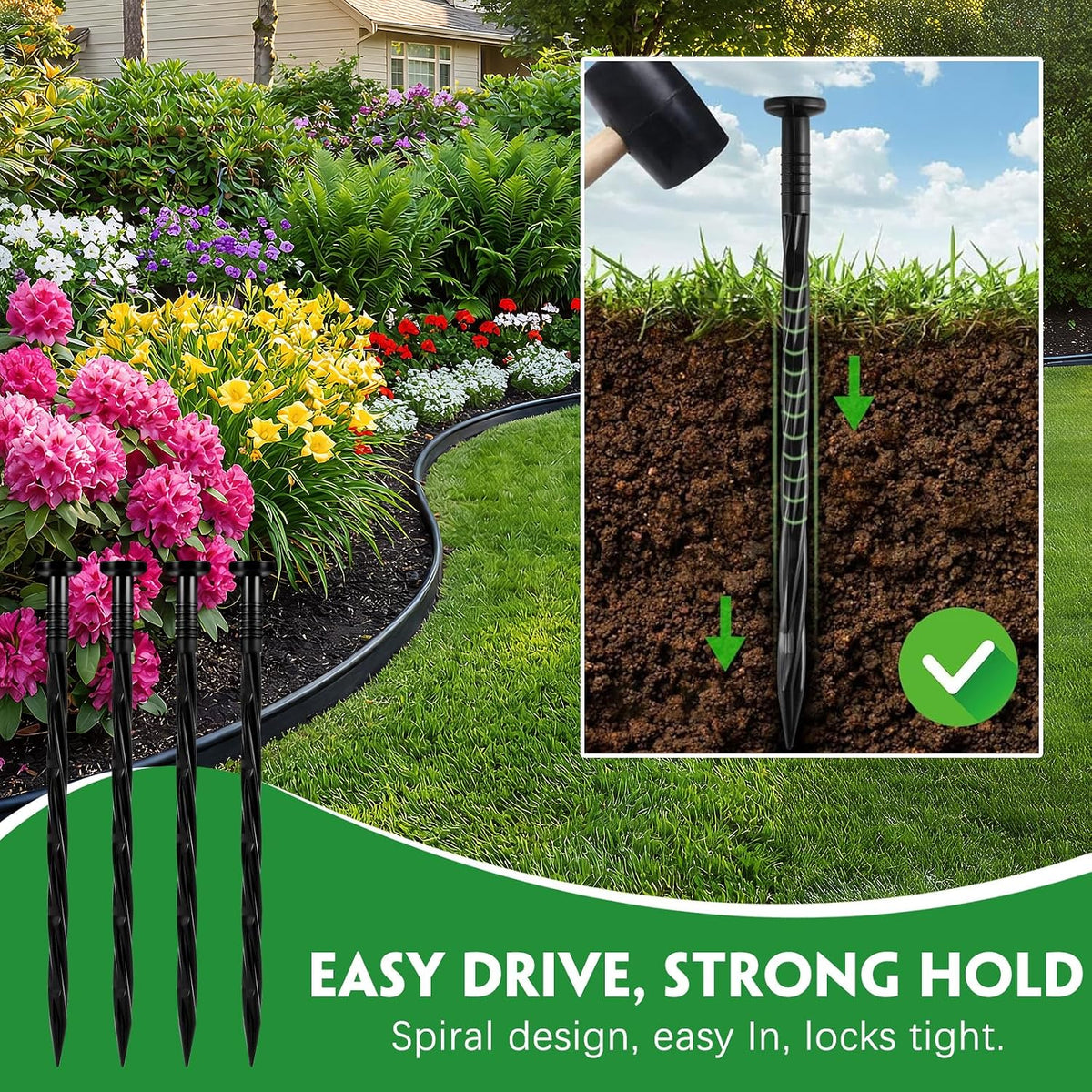 100PCS 8-Inch Plastic Landscape Edging Stakes, Spiral Nylon Landscape Spikes, Anchoring Nails for Weed Barrier, Paver Edging, Landscape Edging, Artificial Turf, Grass Pathways, Black